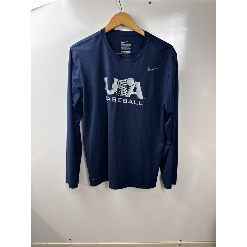 Nike USA Baseball  Blue Dri Fit Long Sleeve T Shirt Mens Large Athletic Cut